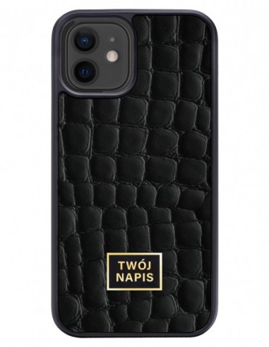 Etui premium skórzane, case na smartfon Apple iPhone 12. Skóra crocodile czarna ze złotą blaszką - wzór klienta.