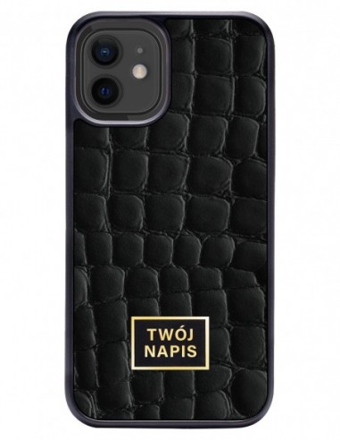 Etui premium skórzane, case na smartfon Apple iPhone 12 Mini. Skóra crocodile czarna ze złotą blaszką - wzór klienta.