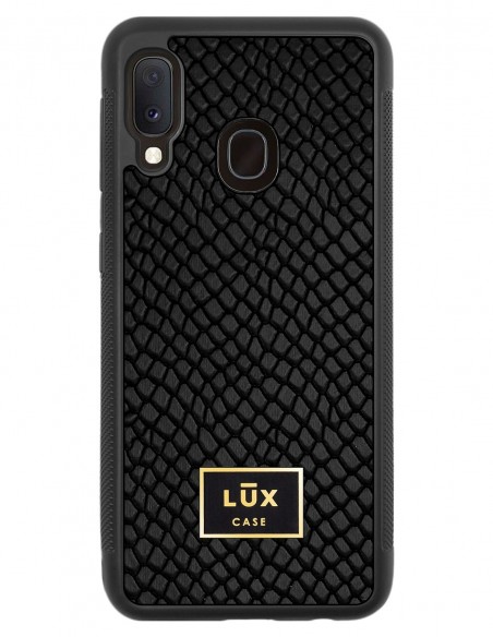 Etui premium skórzane, case na smartfon SAMSUNG GALAXY A20E. Skóra iguana czarna ze złotą blaszką.
