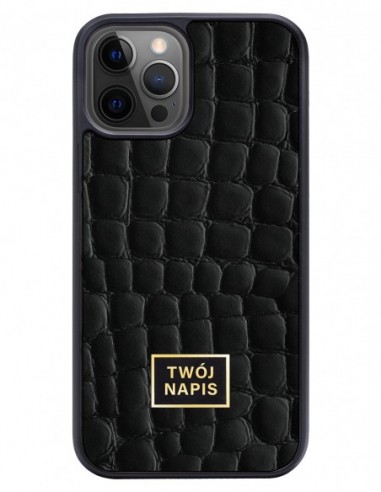 Etui premium skórzane, case na smartfon Apple iPhone 12 Pro. Skóra crocodile czarna ze złotą blaszką - wzór klienta.