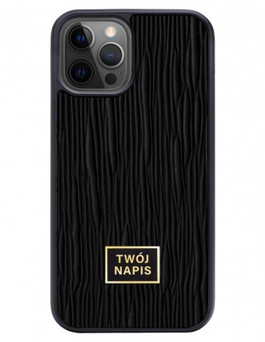 Etui premium skórzane, case na smartfon Apple iPhone 12 Pro. Skóra lizard czarna ze złotą blaszką - wzór klienta.