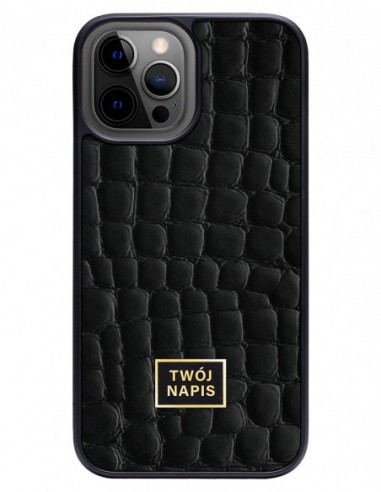 Etui premium skórzane, case na smartfon Apple iPhone 12 Pro Max. Skóra crocodile czarna ze złotą blaszką - wzór klienta.