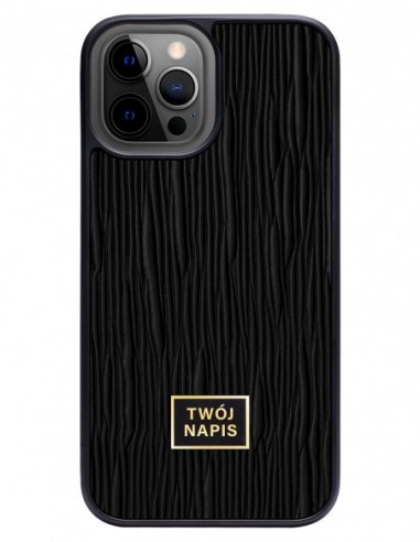 Etui premium skórzane, case na smartfon Apple iPhone 12 Pro Max. Skóra lizard czarna ze złotą blaszką - wzór klienta.