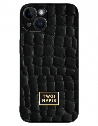 Etui premium skórzane, case na smartfon Apple iPhone 14. Skóra crocodile czarna ze złotą blaszką - wzór klienta.