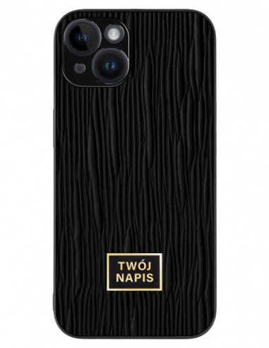 Etui premium skórzane, case na smartfon Apple iPhone 14. Skóra lizard czarna ze złotą blaszką - wzór klienta.