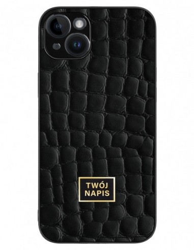 Etui premium skórzane, case na smartfon Apple iPhone 14 Plus. Skóra crocodile czarna ze złotą blaszką - wzór klienta.