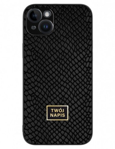 Etui premium skórzane, case na smartfon Apple iPhone 14 Plus. Skóra iguana czarna ze złotą blaszką - wzór klienta.