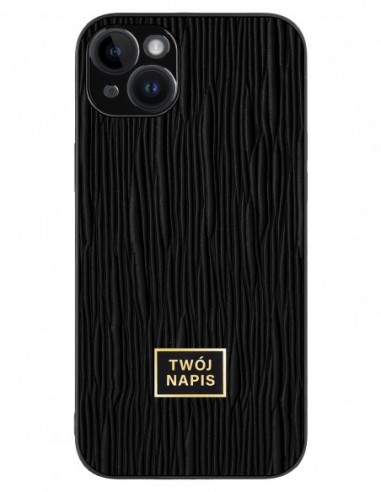 Etui premium skórzane, case na smartfon Apple iPhone 14 Plus. Skóra lizard czarna ze złotą blaszką - wzór klienta.