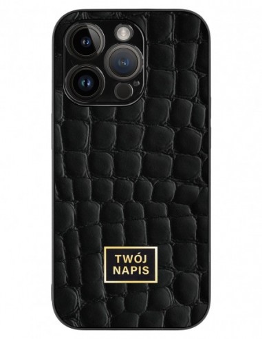 Etui premium skórzane, case na smartfon Apple iPhone 14 Pro. Skóra crocodile czarna ze złotą blaszką - wzór klienta.