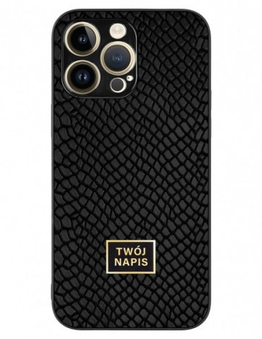 Etui premium skórzane, case na smartfon Apple iPhone 14 Pro Max. Skóra iguana czarna ze złotą blaszką - wzór klienta.