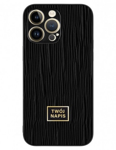 Etui premium skórzane, case na smartfon Apple iPhone 14 Pro Max. Skóra lizard czarna ze złotą blaszką - wzór klienta.