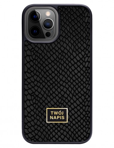 Etui premium skórzane, case na smartfon Apple iPhone 12 Pro Max. Skóra iguana czarna ze złotą blaszką - wzór klienta.