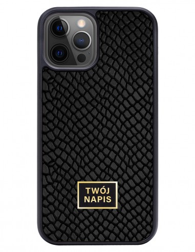 Etui premium skórzane, case na smartfon Apple iPhone 12 Pro. Skóra iguana czarna ze złotą blaszką - wzór klienta.
