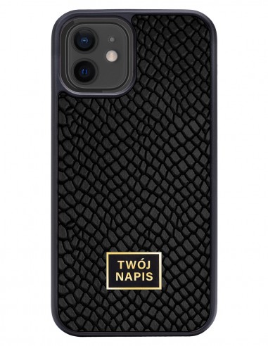 Etui premium skórzane, case na smartfon Apple iPhone 12. Skóra iguana czarna ze złotą blaszką - wzór klienta.