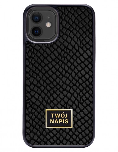 Etui premium skórzane, case na smartfon Apple iPhone 12 Mini. Skóra iguana czarna ze złotą blaszką - wzór klienta.