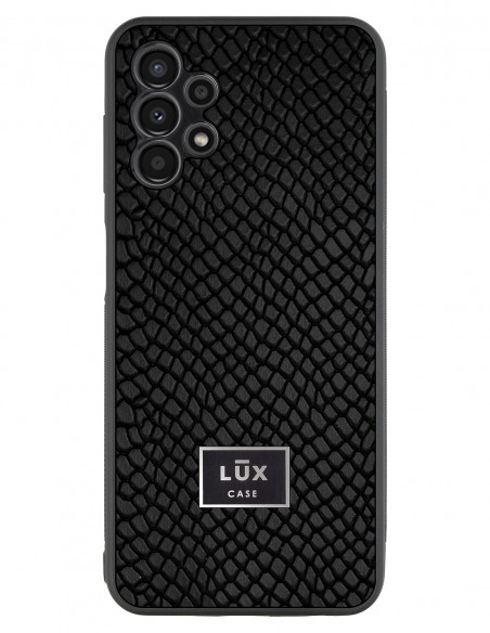 Etui premium skórzane, case na smartfon Samsung Galaxy A13 4G. Skóra iguana czarna ze srebrną blaszką.