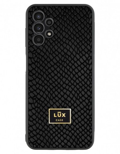 Etui premium skórzane, case na smartfon Samsung Galaxy A13 4G. Skóra iguana czarna ze złotą blaszką.
