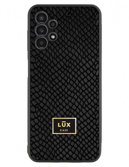 Etui premium skórzane, case na smartfon Samsung Galaxy A13 4G. Skóra iguana czarna ze złotą blaszką.