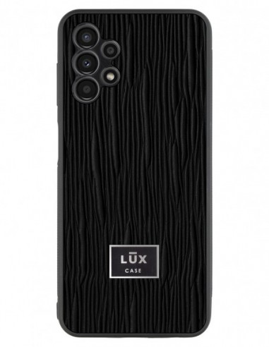 Etui premium skórzane, case na smartfon Samsung Galaxy A13 4G. Skóra lizard czarna ze srebrną blaszką.