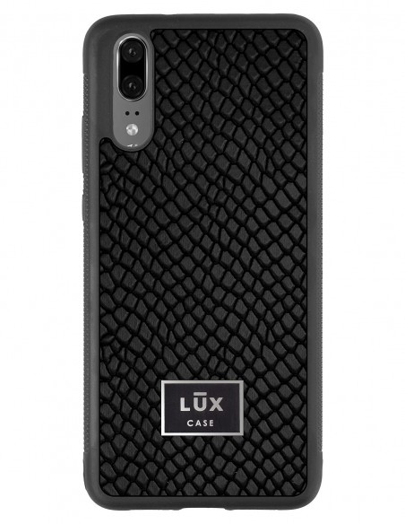 Etui premium skórzane, case na smartfon Huawei P20. Skóra iguana czarna ze srebrną blaszką.
