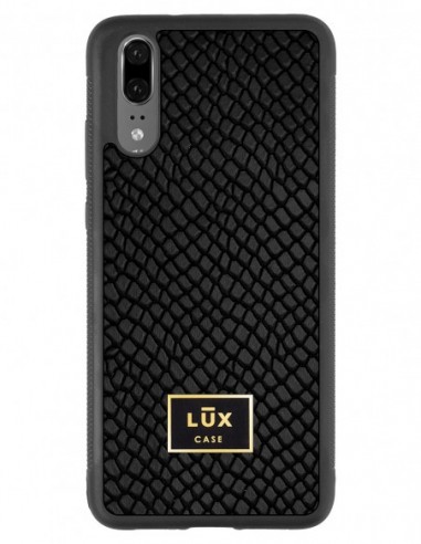 Etui premium skórzane, case na smartfon Huawei P20. Skóra iguana czarna ze złotą blaszką.