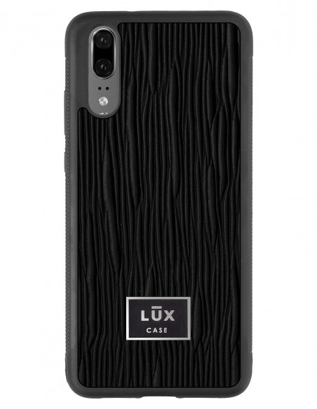 Etui premium skórzane, case na smartfon Huawei P20. Skóra lizard czarna ze srebrną blaszką.