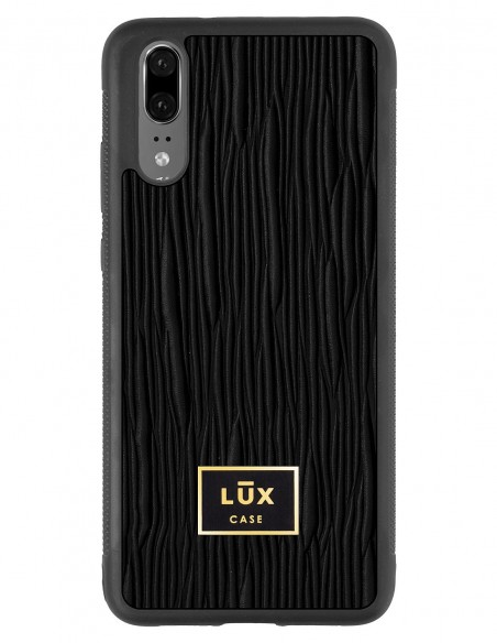 Etui premium skórzane, case na smartfon Huawei P20. Skóra lizard czarna ze złotą blaszką.