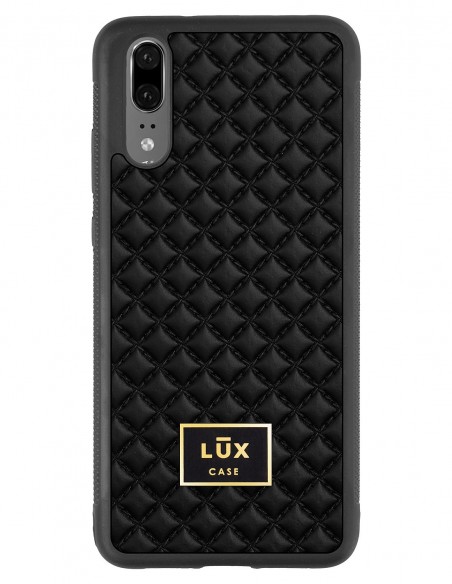 Etui premium skórzane, case na smartfon Huawei P20. Skóra pik czarna mat ze złotą blaszką.
