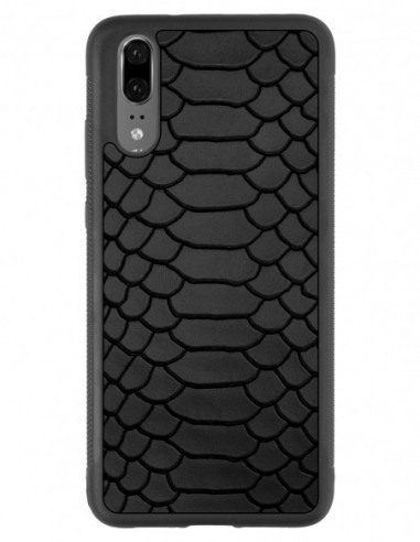 Etui premium skórzane, case na smartfon Huawei P20. Skóra python czarna mat.