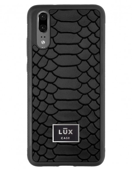 Etui premium skórzane, case na smartfon Huawei P20. Skóra python czarna mat ze srebrną blaszką.