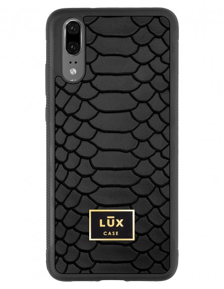 Etui premium skórzane, case na smartfon Huawei P20. Skóra python czarna mat ze złotą blaszką.