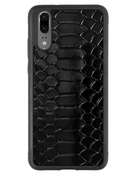 Etui premium skórzane, case na smartfon Huawei P20. Skóra python czarna błysk.