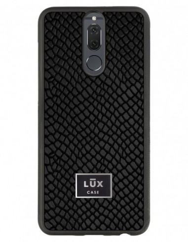 Etui premium skórzane, case na smartfon Huawei Mate 10 Lite. Skóra iguana czarna ze srebrną blaszką.