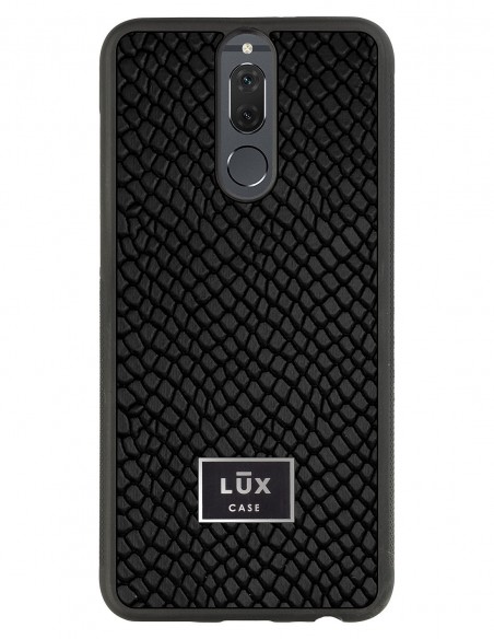 Etui premium skórzane, case na smartfon Huawei Mate 10 Lite. Skóra iguana czarna ze srebrną blaszką.