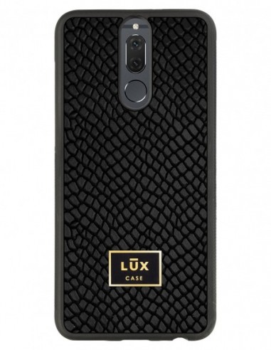 Etui premium skórzane, case na smartfon Huawei Mate 10 Lite. Skóra iguana czarna ze złotą blaszką.