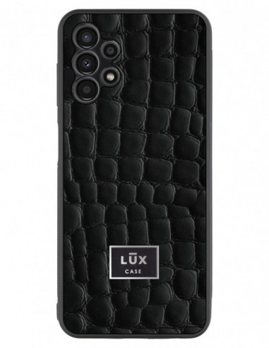 Etui premium skórzane, case na smartfon Samsung Galaxy A12. Skóra crocodile czarna ze srebrną blaszką.