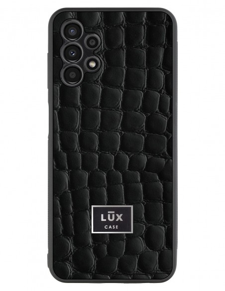 Etui premium skórzane, case na smartfon Samsung Galaxy A12. Skóra crocodile czarna ze srebrną blaszką.