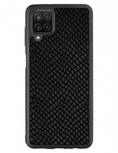 Etui premium skórzane, case na smartfon Samsung Galaxy A12. Skóra iguana czarna.