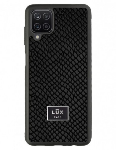 Etui premium skórzane, case na smartfon Samsung Galaxy A12. Skóra iguana czarna ze srebrną blaszką.