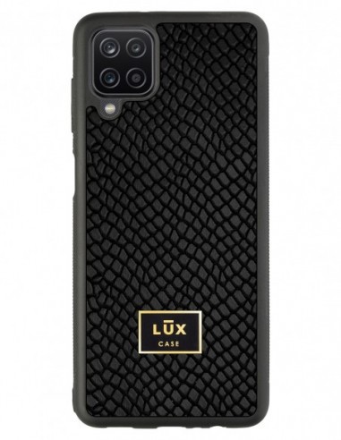 Etui premium skórzane, case na smartfon Samsung Galaxy A12. Skóra iguana czarna ze złotą blaszką.