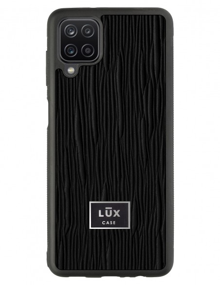 Etui premium skórzane, case na smartfon Samsung Galaxy A12. Skóra lizard czarna ze srebrną blaszką.
