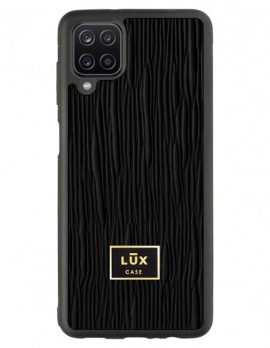 Etui premium skórzane, case na smartfon Samsung Galaxy A12. Skóra lizard czarna ze złotą blaszką.