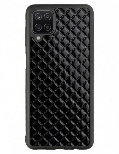Etui premium skórzane, case na smartfon Samsung Galaxy A12. Skóra pik czarna błysk.