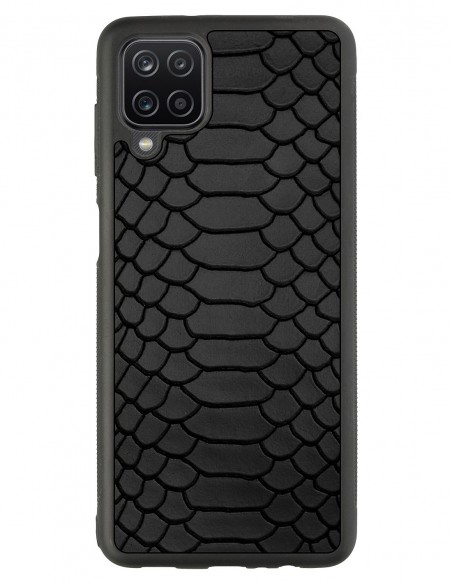 Etui premium skórzane, case na smartfon Samsung Galaxy A12. Skóra python czarna mat.