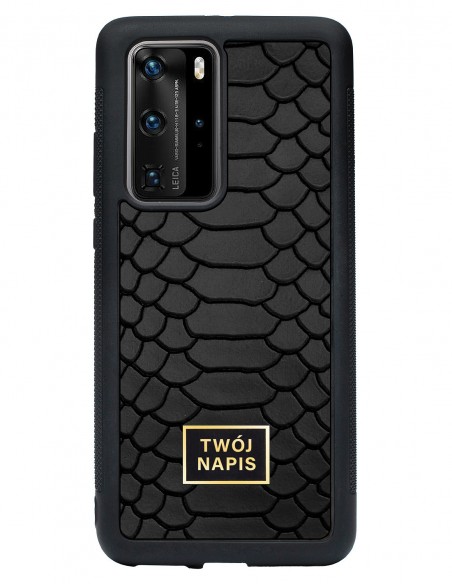 Etui premium skórzane, case na smartfon Huawei P40 Pro. Skóra python czarna mat ze złotą blaszką - wzór klienta.