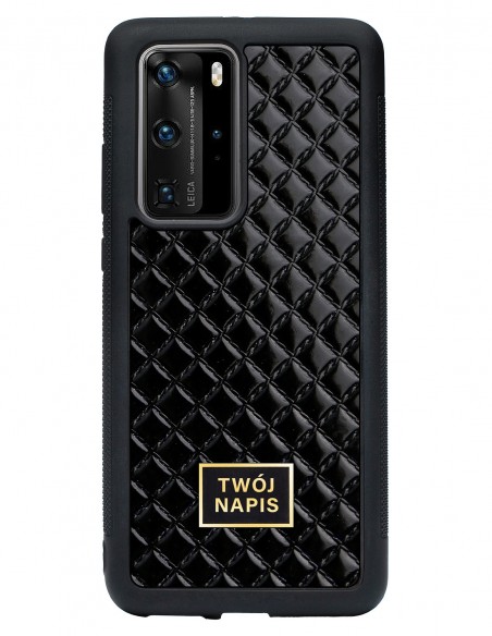 Etui premium skórzane, case na smartfon Huawei P40 Pro. Skóra pik czarna błysk ze złotą blaszką - wzór klienta.