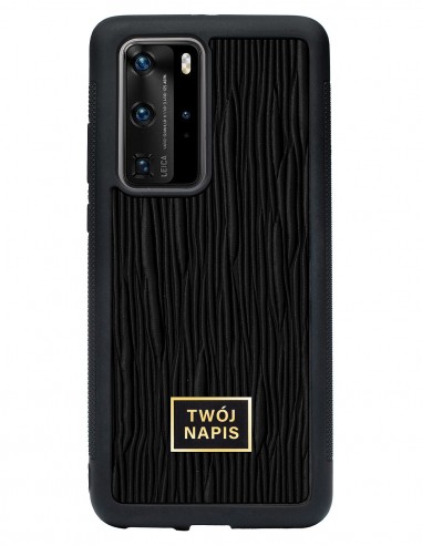 Etui premium skórzane, case na smartfon Huawei P40 Pro. Skóra lizard czarna ze złotą blaszką - wzór klienta.