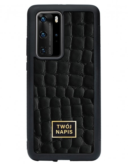 Etui premium skórzane, case na smartfon Huawei P40 Pro. Skóra crocodile czarna ze złotą blaszką - wzór klienta.