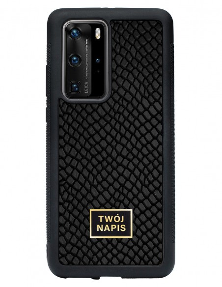 Etui premium skórzane, case na smartfon Huawei P40 Pro. Skóra iguana czarna ze złotą blaszką - wzór klienta.
