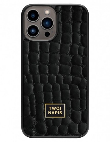 Etui premium skórzane, case na smartfon Apple iPhone 13 Pro Max. Skóra crocodile czarna ze złotą blaszką - wzór klienta.